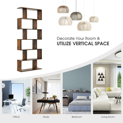 6 Tier S-Shaped Bookshelf Storage Display Bookcase Decor Z-Shelf -Coffee - Brown - Bookcases