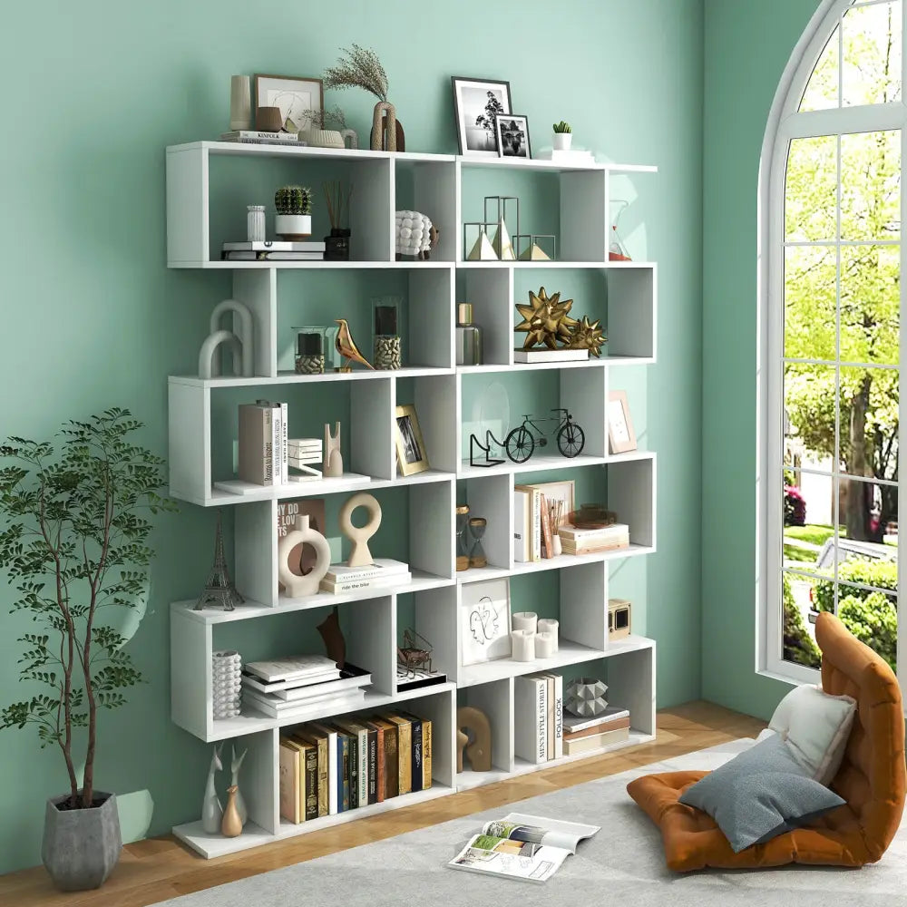 6 Tier S-Shaped Bookshelf Storage Display Bookcase Decor Z-Shelf-White - White - Bookcases