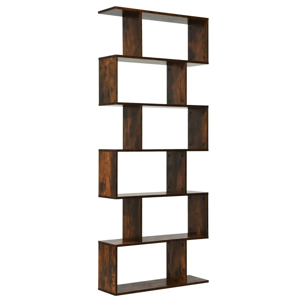 6 Tier S-Shaped Bookshelf Storage Display Bookcase Decor Z-Shelf -Coffee - Brown - Bookcases