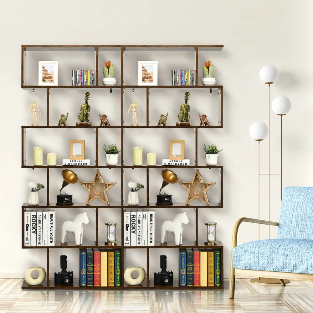 6 Tier S-Shaped Bookshelf Storage Display Bookcase Decor Z-Shelf -Coffee - Brown - Bookcases
