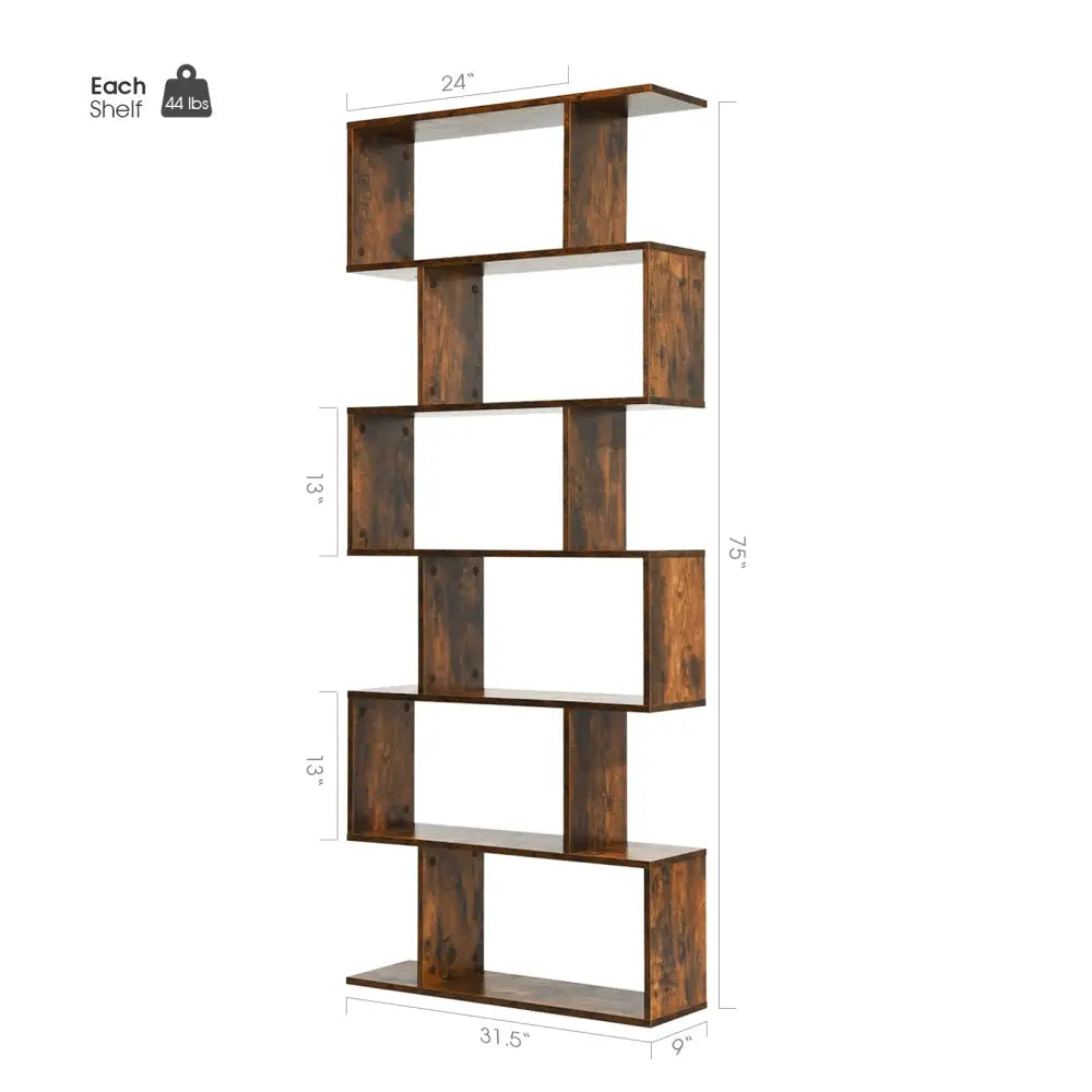 6 Tier S-Shaped Bookshelf Storage Display Bookcase Decor Z-Shelf -Coffee - Brown - Bookcases