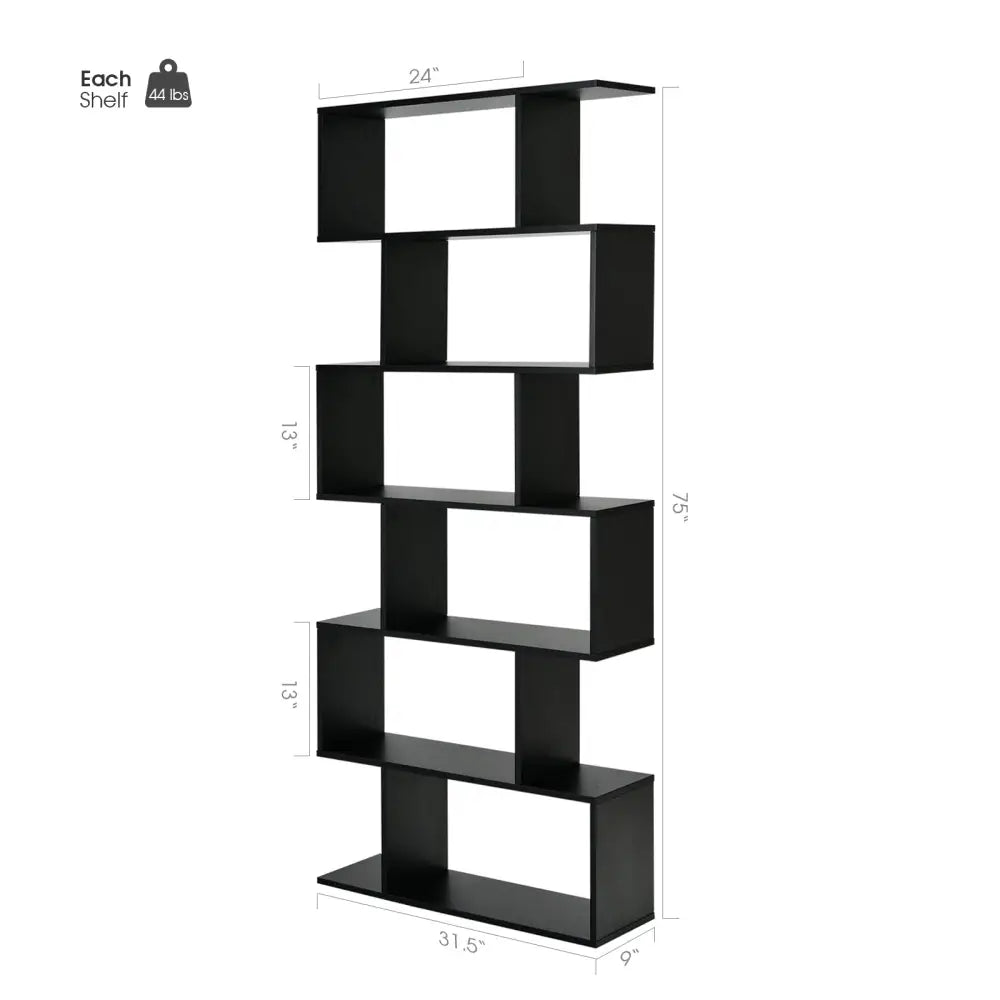 6 Tier S-Shaped Bookshelf Storage Display Bookcase Decor Z-Shelf-Black - Black - Bookcases