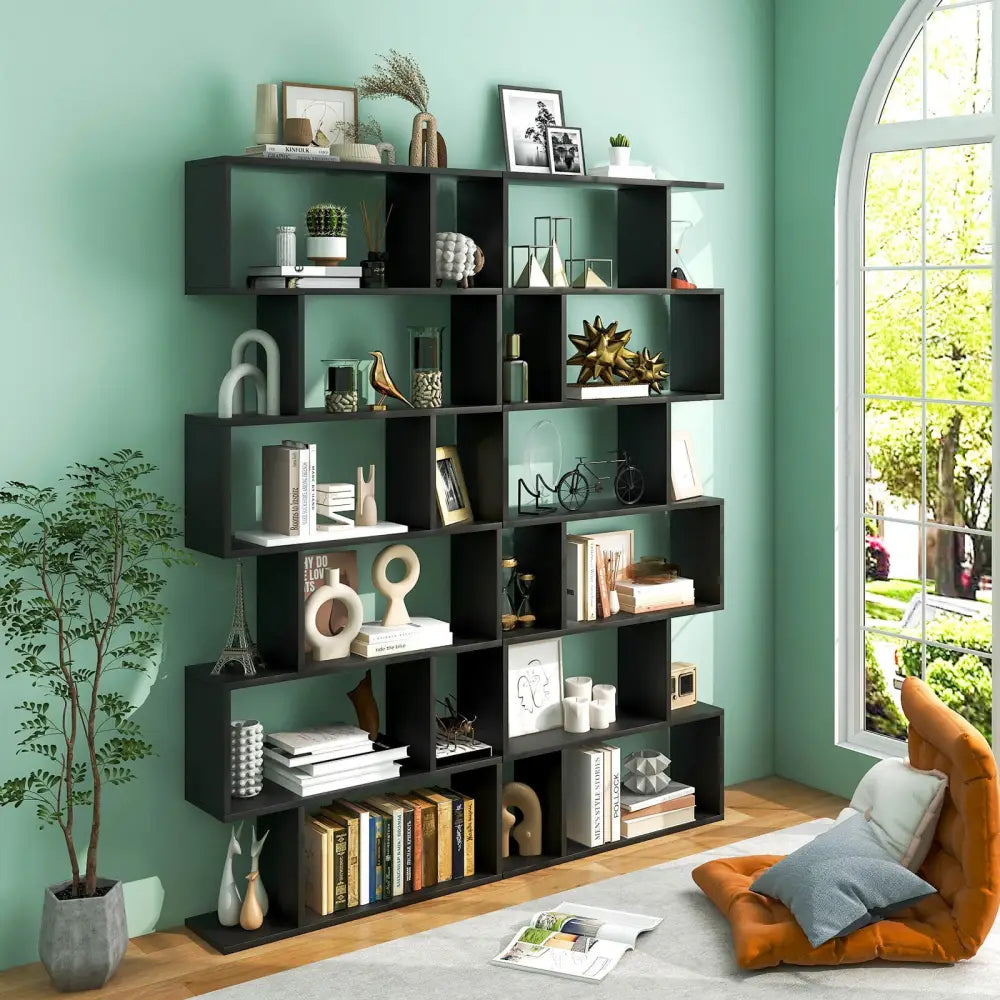 6 Tier S-Shaped Bookshelf Storage Display Bookcase Decor Z-Shelf-Black - Black - Bookcases