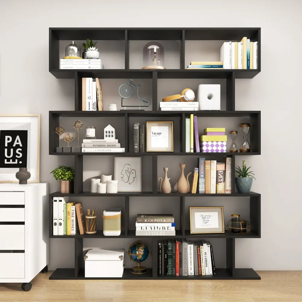 6 Tier S-Shaped Bookshelf Storage Display Bookcase Decor Z-Shelf-Black - Black - Bookcases