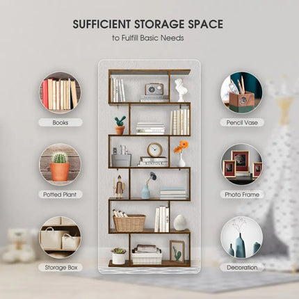 6 Tier S-Shaped Bookshelf Storage Display Bookcase Decor Z-Shelf -Coffee - Brown - Bookcases