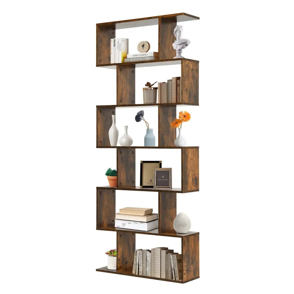 6 Tier S-Shaped Bookshelf Storage Display Bookcase Decor Z-Shelf -Coffee - Brown - Bookcases
