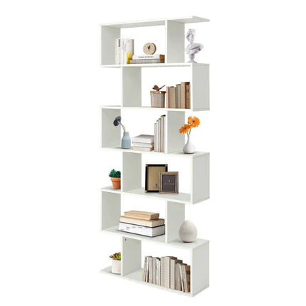 6 Tier S-Shaped Bookshelf Storage Display Bookcase Decor Z-Shelf-White - White - Bookcases