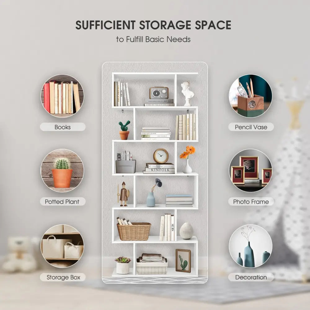 6 Tier S-Shaped Bookshelf Storage Display Bookcase Decor Z-Shelf-White - White - Bookcases