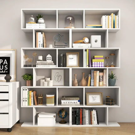 6 Tier S-Shaped Bookshelf Storage Display Bookcase Decor Z-Shelf-White - White - Bookcases