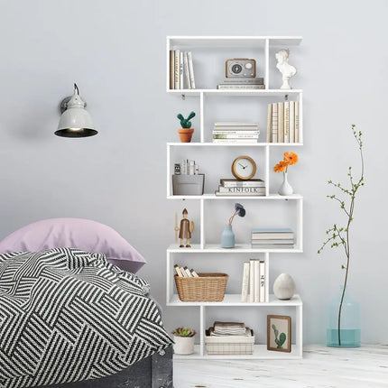 6 Tier S-Shaped Bookshelf Storage Display Bookcase Decor Z-Shelf-White - White - Bookcases