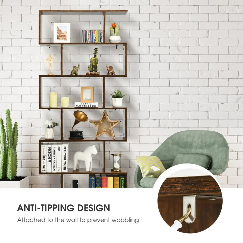 6 Tier S-Shaped Bookshelf Storage Display Bookcase Decor Z-Shelf -Coffee - Brown - Bookcases