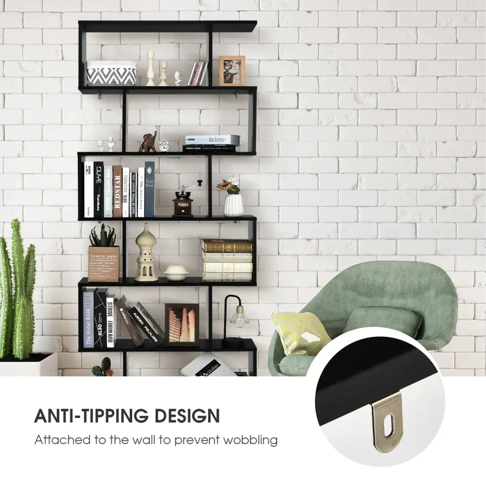 6 Tier S-Shaped Bookshelf Storage Display Bookcase Decor Z-Shelf-Black - Black - Bookcases