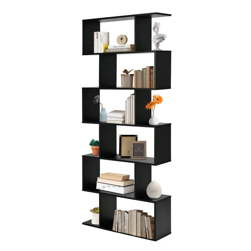 6 Tier S-Shaped Bookshelf Storage Display Bookcase Decor Z-Shelf-Black - Black - Bookcases