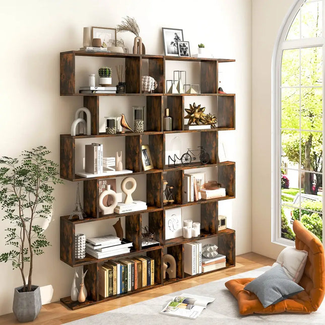 6 Tier S-Shaped Bookshelf Storage Display Bookcase Decor Z-Shelf -Coffee - Brown - Bookcases