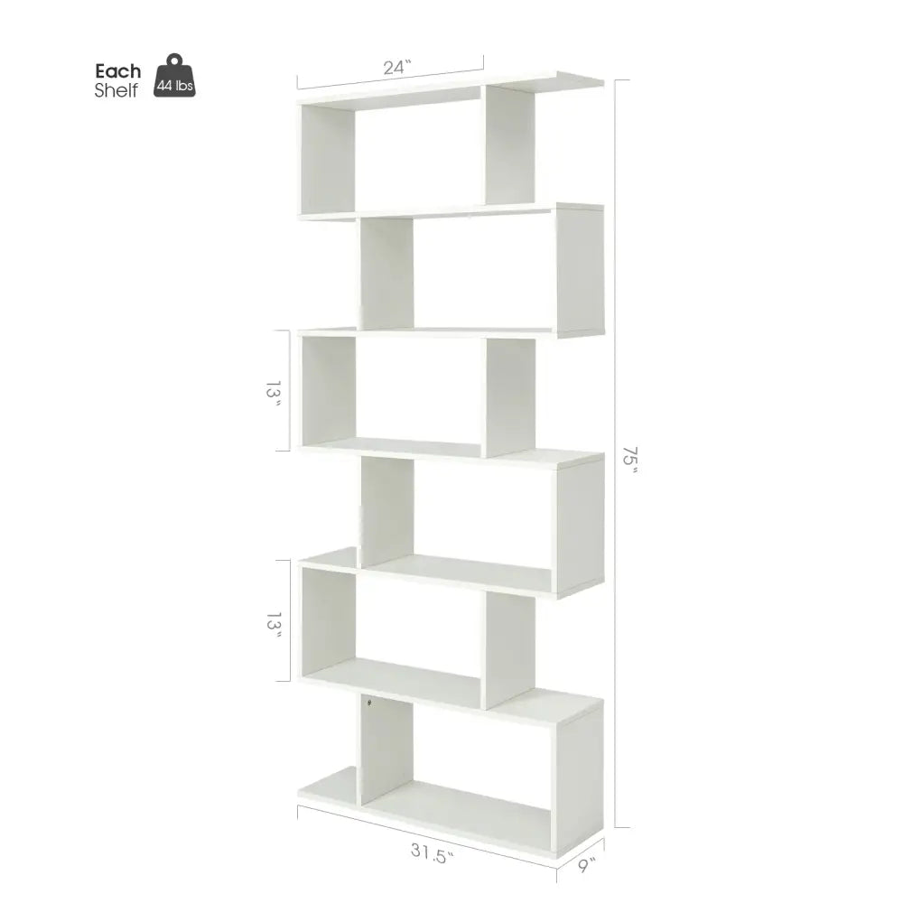 6 Tier S-Shaped Bookshelf Storage Display Bookcase Decor Z-Shelf-White - White - Bookcases