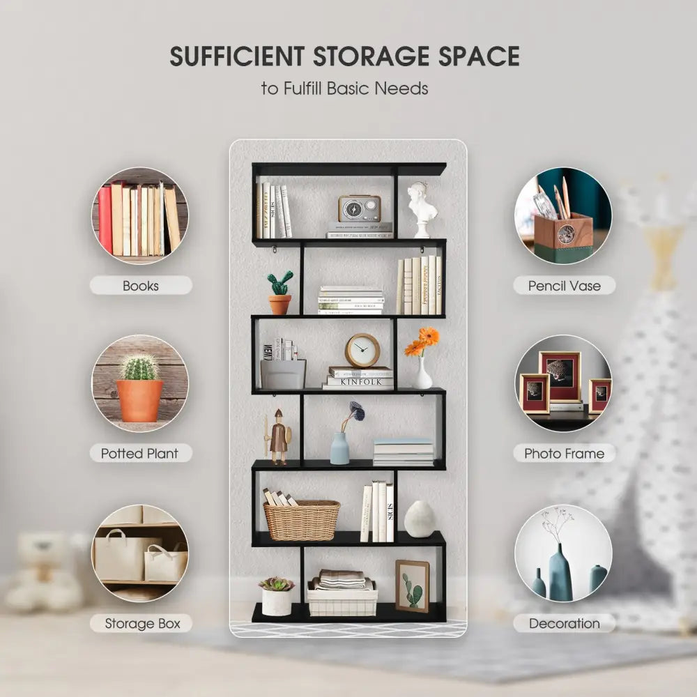 6 Tier S-Shaped Bookshelf Storage Display Bookcase Decor Z-Shelf-Black - Black - Bookcases