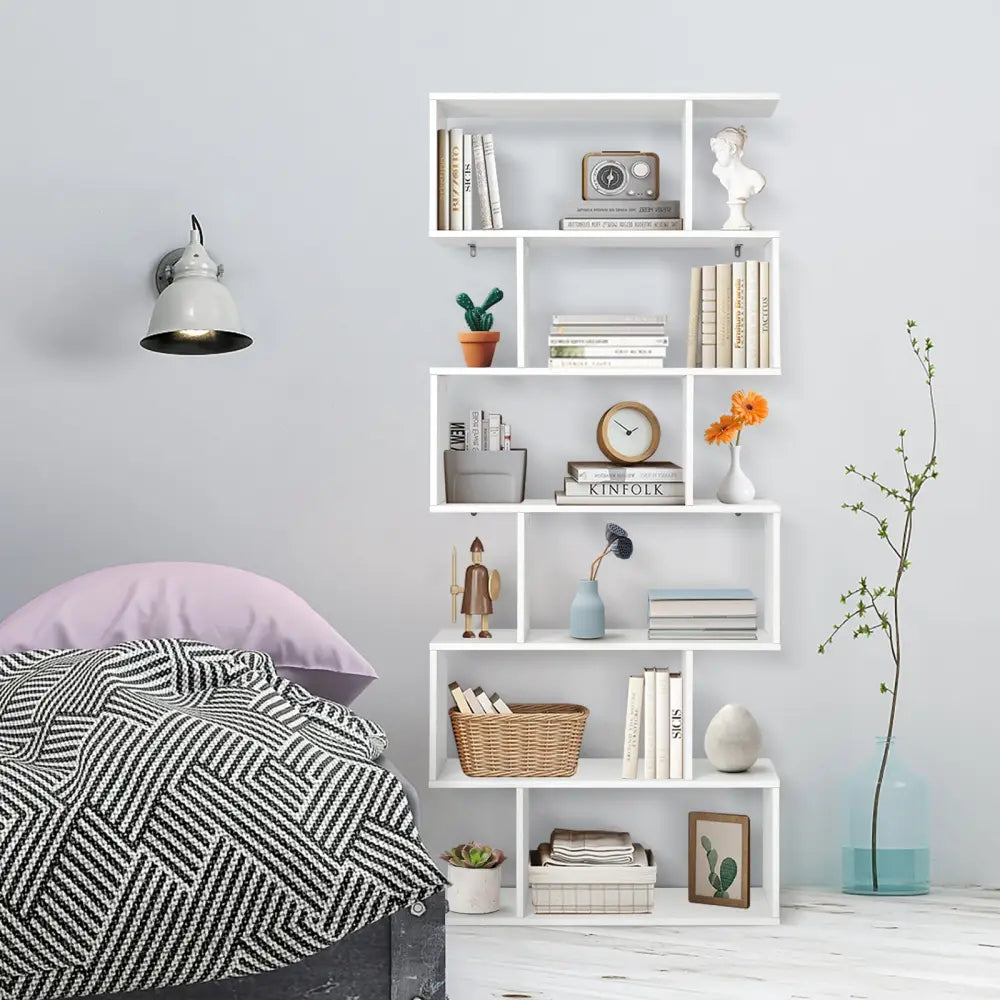 6 Tier S-Shaped Bookshelf Storage Display Bookcase Decor Z-Shelf-White - White - Bookcases
