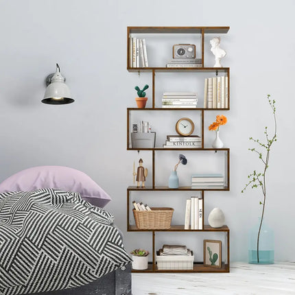 6 Tier S-Shaped Bookshelf Storage Display Bookcase Decor Z-Shelf -Coffee - Brown - Bookcases