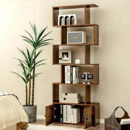 6-Tier S-Shaped Freestanding Bookshelf with Cabinet and Doors-Coffee - Coffee - Bookcases