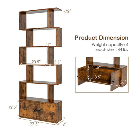6-Tier S-Shaped Freestanding Bookshelf with Cabinet and Doors-Coffee - Coffee - Bookcases