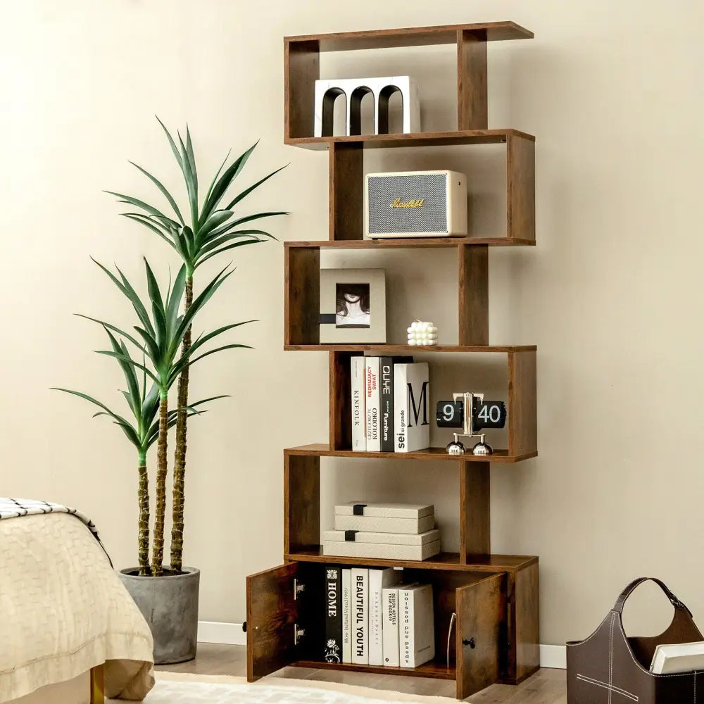6-Tier S-Shaped Freestanding Bookshelf with Cabinet and Doors-Coffee - Coffee - Bookcases