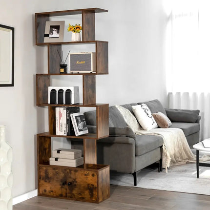 6-Tier S-Shaped Freestanding Bookshelf with Cabinet and Doors-Coffee - Coffee - Bookcases
