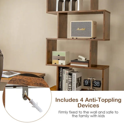 6-Tier S-Shaped Freestanding Bookshelf with Cabinet and Doors-Coffee - Coffee - Bookcases