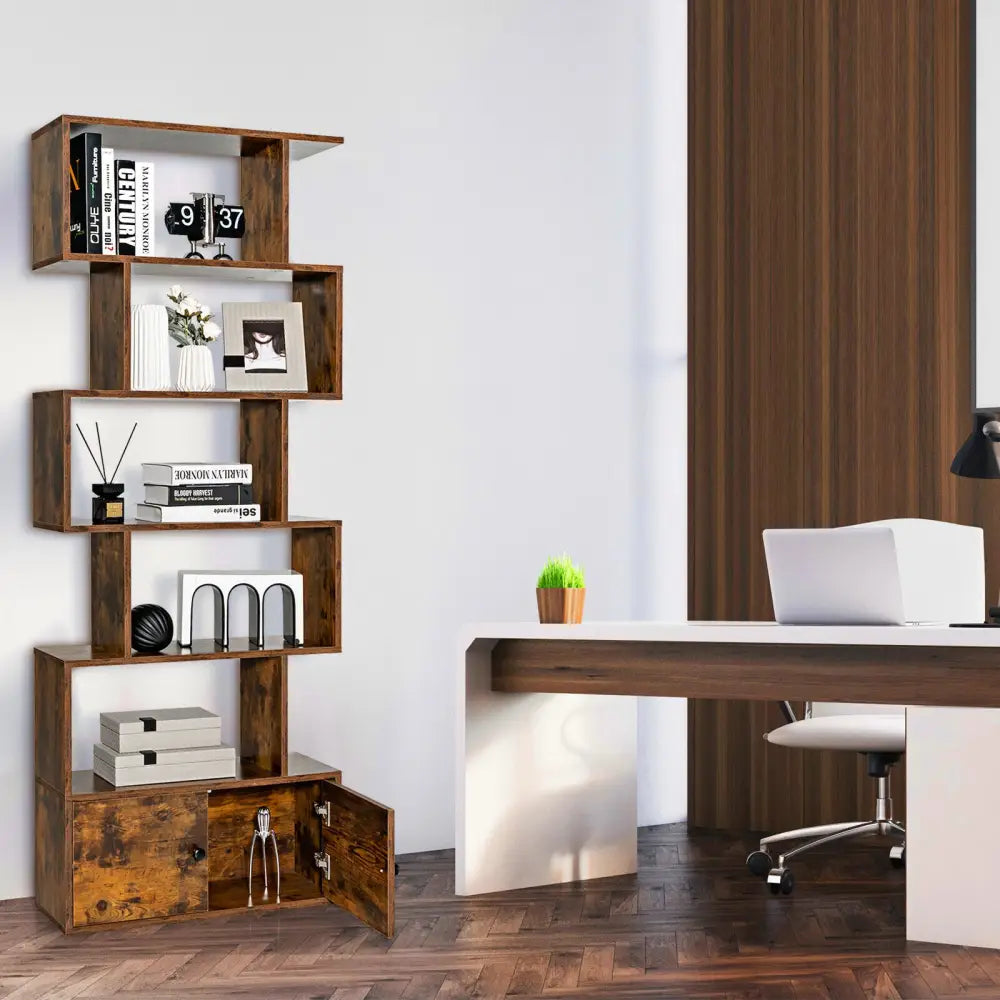 6-Tier S-Shaped Freestanding Bookshelf with Cabinet and Doors-Coffee - Coffee - Bookcases