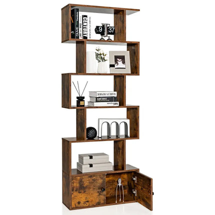6-Tier S-Shaped Freestanding Bookshelf with Cabinet and Doors-Coffee - Coffee - Bookcases