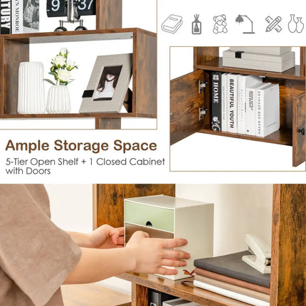 6-Tier S-Shaped Freestanding Bookshelf with Cabinet and Doors-Coffee - Coffee - Bookcases