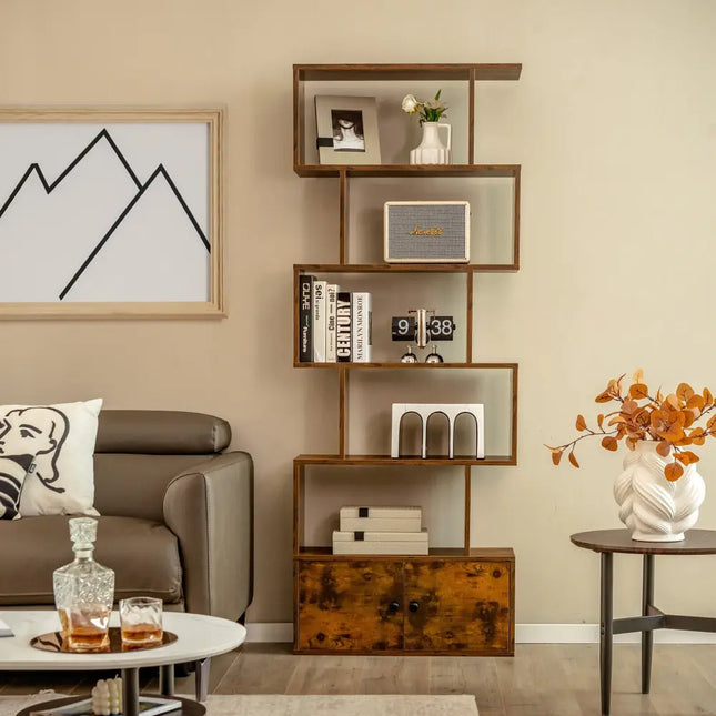 6-Tier S-Shaped Freestanding Bookshelf with Cabinet and Doors-Coffee - Coffee - Bookcases