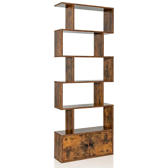 6-Tier S-Shaped Freestanding Bookshelf with Cabinet and Doors-Coffee - Coffee - Bookcases