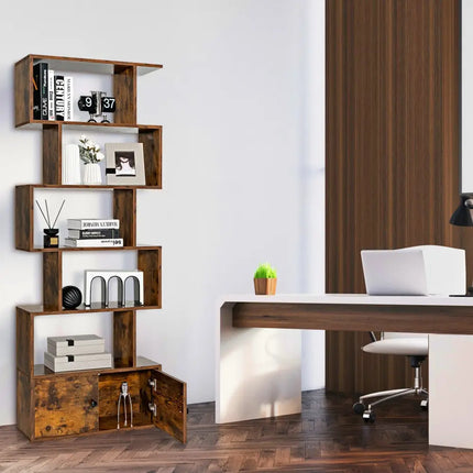 6-Tier S-Shaped Freestanding Bookshelf with Cabinet and Doors-Coffee - Coffee - Bookcases