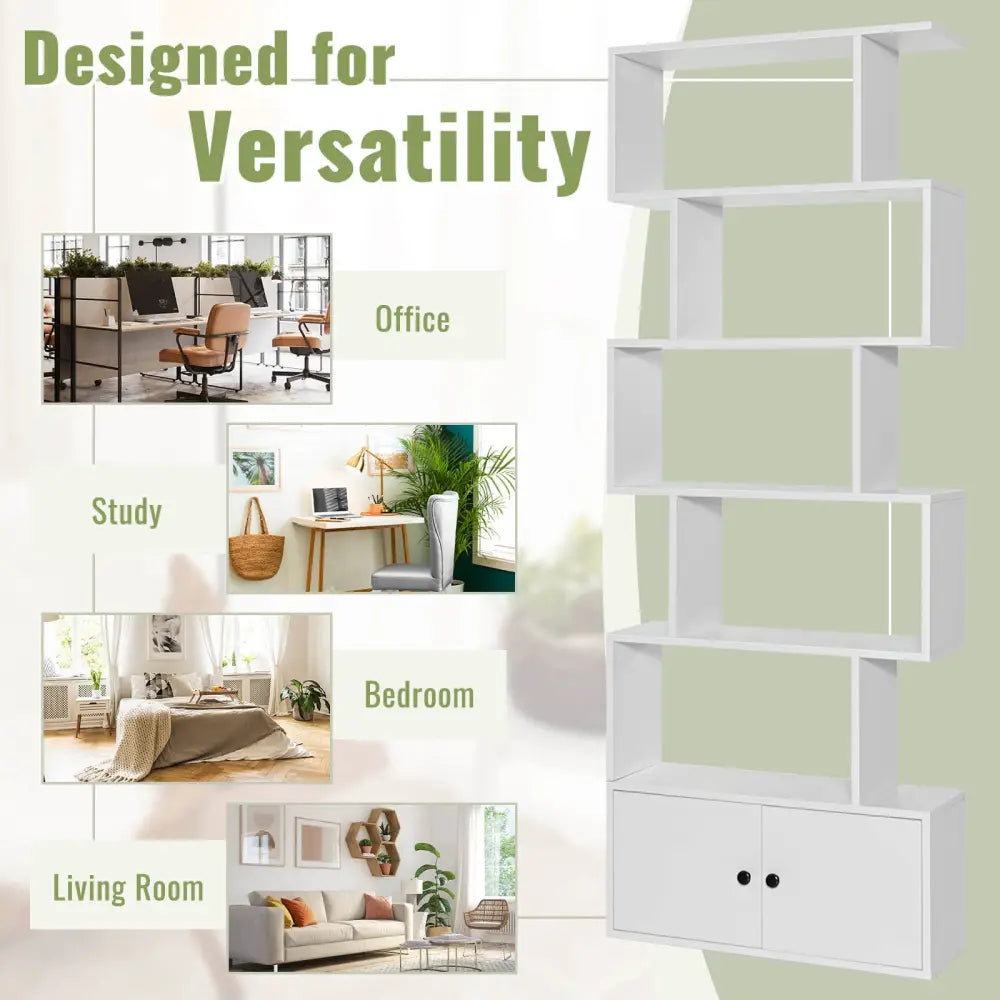 6-Tier S-Shaped Freestanding Bookshelf with Cabinet and Doors-White - White - Bookcases