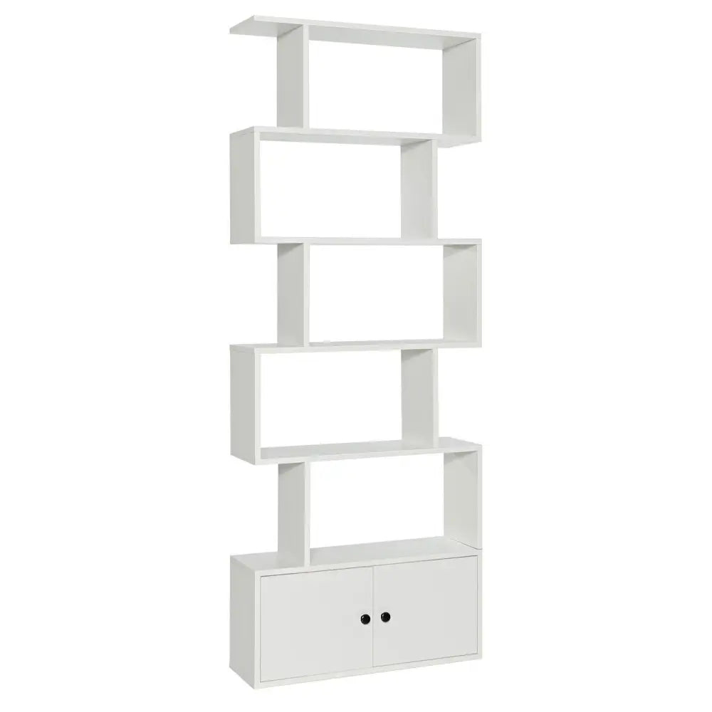 6-Tier S-Shaped Freestanding Bookshelf with Cabinet and Doors-White - White - Bookcases