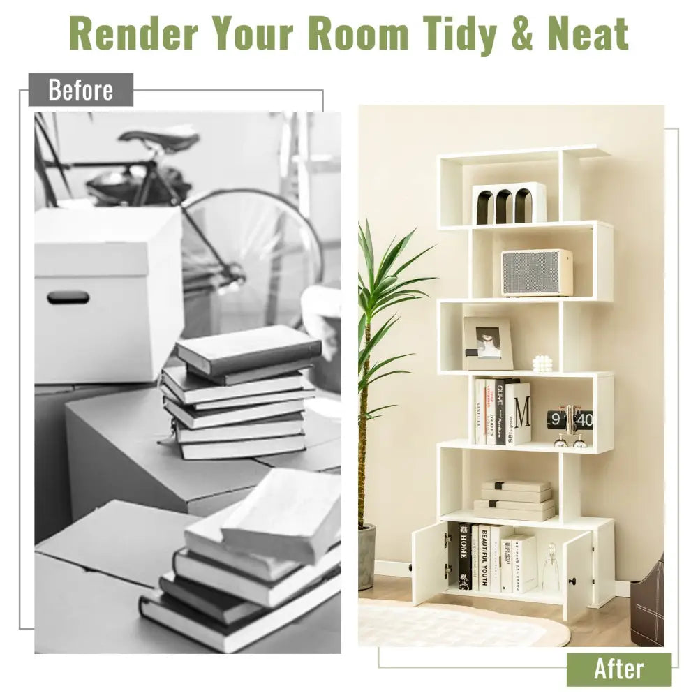 6-Tier S-Shaped Freestanding Bookshelf with Cabinet and Doors-White - White - Bookcases