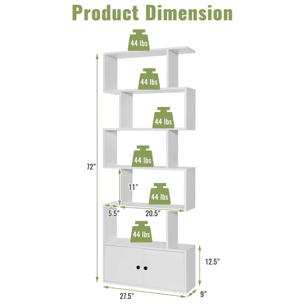 6-Tier S-Shaped Freestanding Bookshelf with Cabinet and Doors-White - White - Bookcases