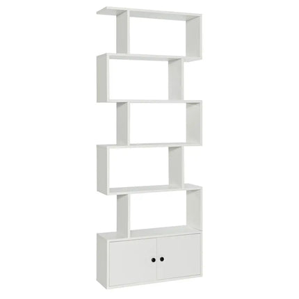 6-Tier S-Shaped Freestanding Bookshelf with Cabinet and Doors-White - White - Bookcases