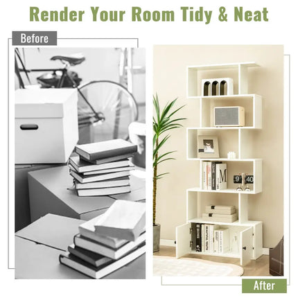 6-Tier S-Shaped Freestanding Bookshelf with Cabinet and Doors-White - White - Bookcases