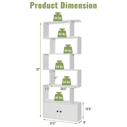 6-Tier S-Shaped Freestanding Bookshelf with Cabinet and Doors-White - White - Bookcases