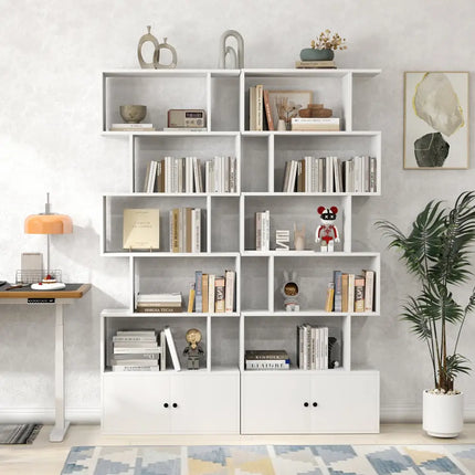 6-Tier S-Shaped Freestanding Bookshelf with Cabinet and Doors-White - White - Bookcases
