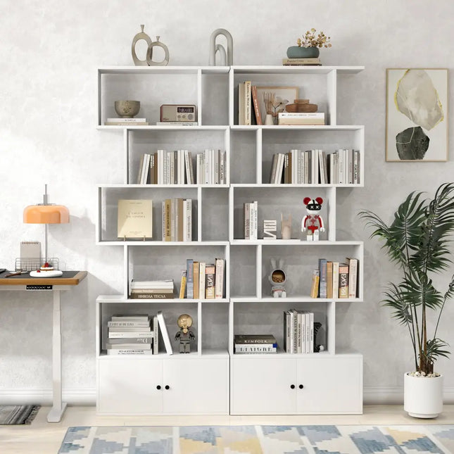 6-Tier S-Shaped Freestanding Bookshelf with Cabinet and Doors-White - White - Bookcases