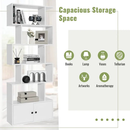 6-Tier S-Shaped Freestanding Bookshelf with Cabinet and Doors-White - White - Bookcases