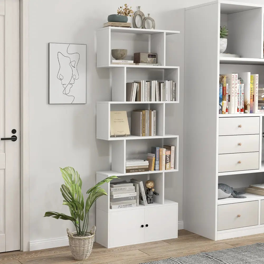 6-Tier S-Shaped Freestanding Bookshelf with Cabinet and Doors-White - White - Bookcases
