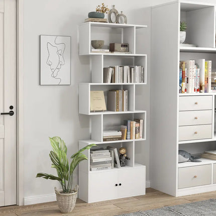 6-Tier S-Shaped Freestanding Bookshelf with Cabinet and Doors-White - White - Bookcases
