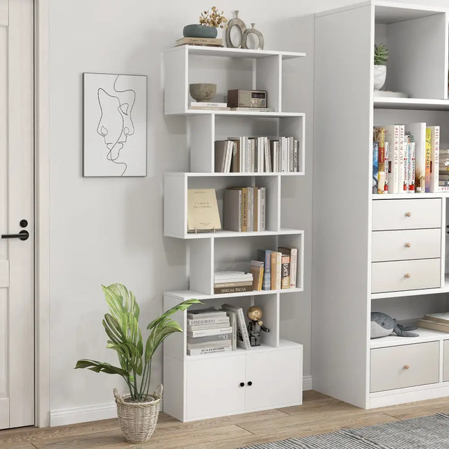 6-Tier S-Shaped Freestanding Bookshelf with Cabinet and Doors-White - White - Bookcases