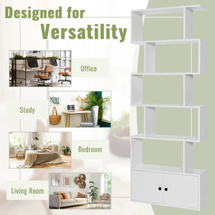 6-Tier S-Shaped Freestanding Bookshelf with Cabinet and Doors-White - White - Bookcases