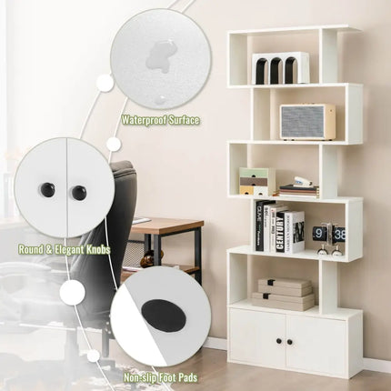 6-Tier S-Shaped Freestanding Bookshelf with Cabinet and Doors-White - White - Bookcases