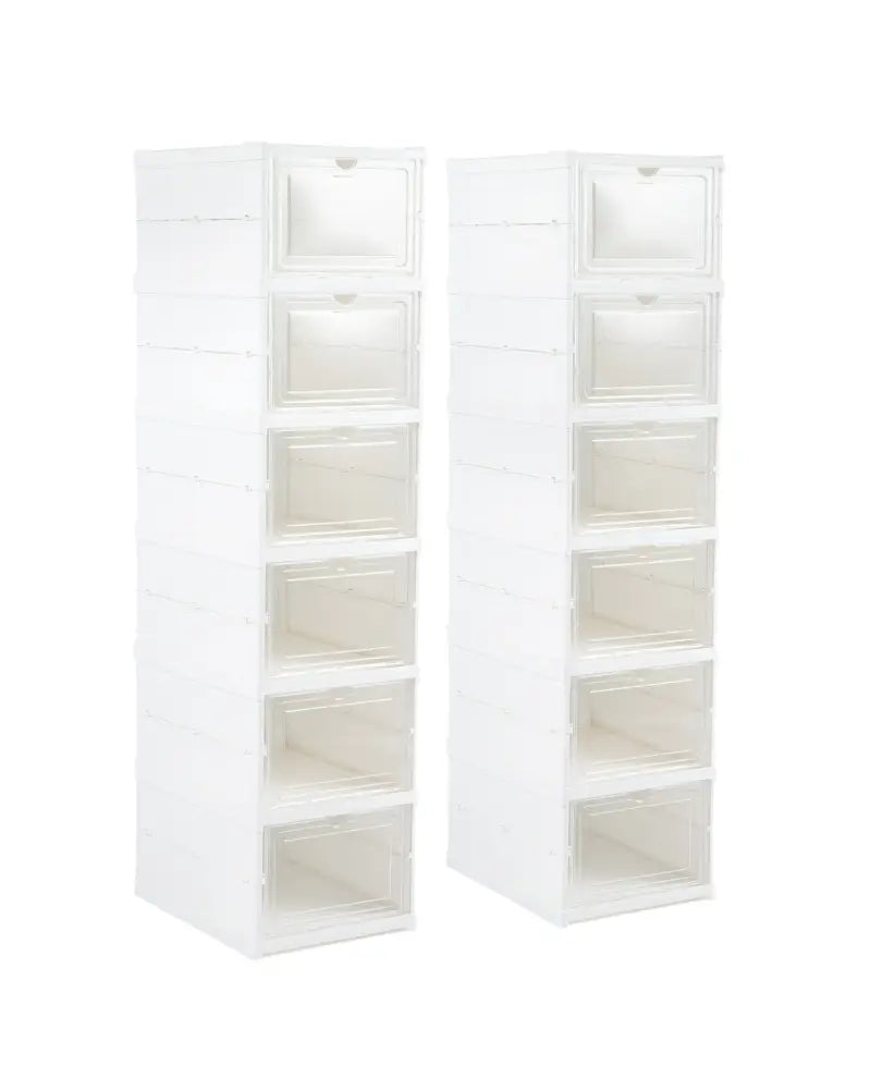 6-Tier Shoe Organizer Set of 2 with Clear Doors and Portable Design for 12 Pairs-White - White - Shoe Racks & Storage