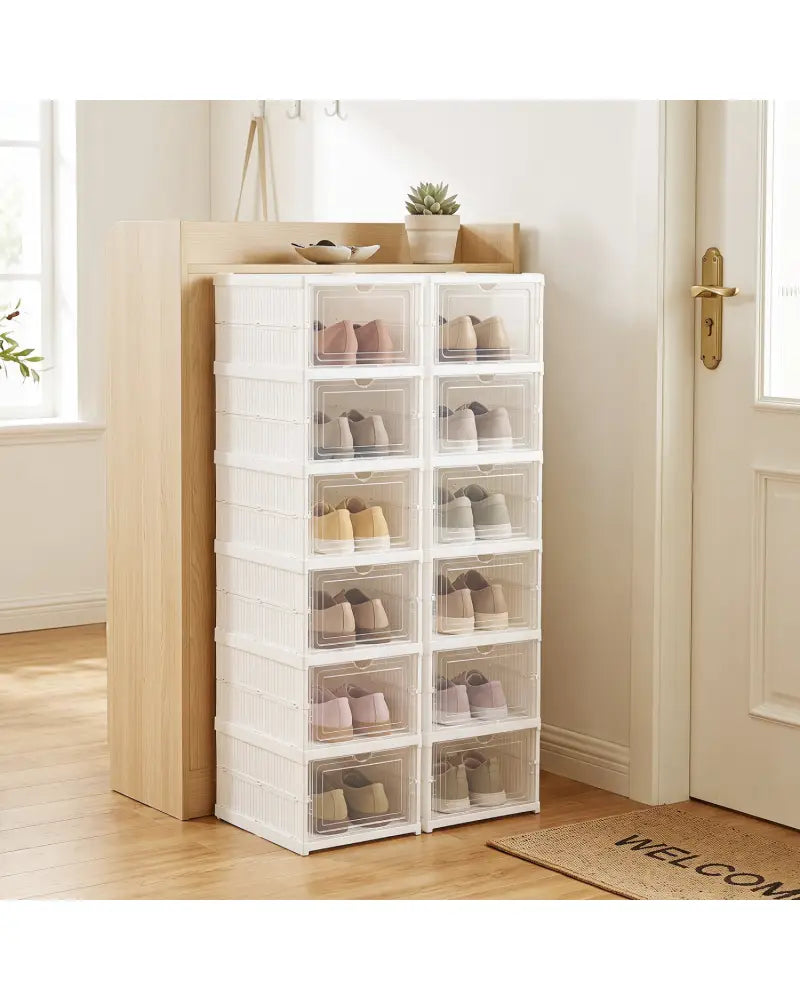 6-Tier Shoe Organizer Set of 2 with Clear Doors and Portable Design for 12 Pairs-White - White - Shoe Racks & Storage